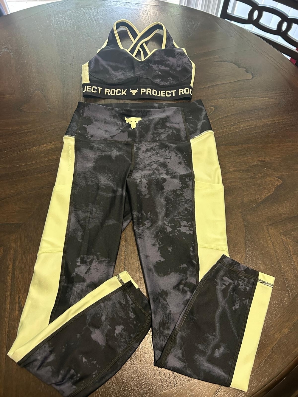 Under Armour Project Rock Black with Neon Yellow Panel Leggings & Sports Bra Set